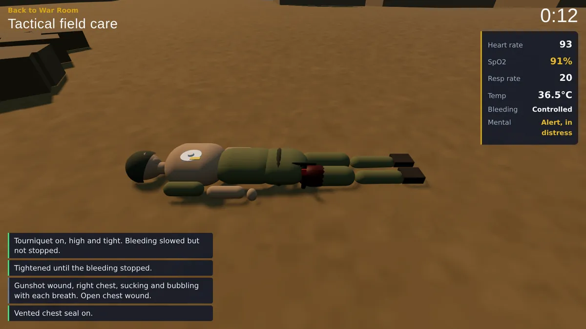 First-person view of a casualty with a tourniquet on the right thigh and a chest seal in place